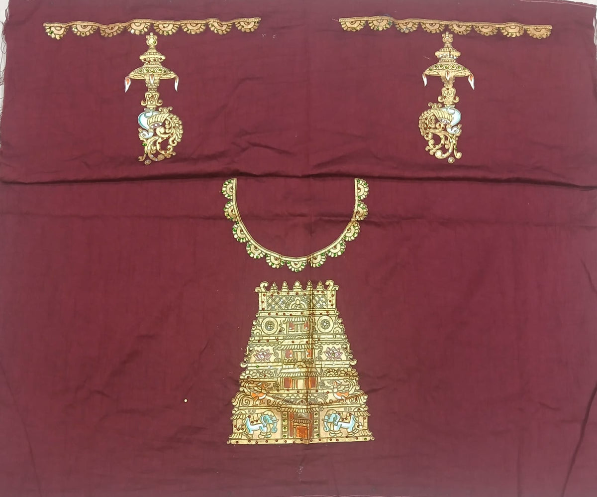 Thanjavur Paint Blouses With Temple Art Work Design