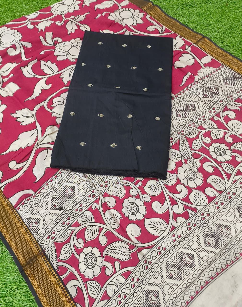 Raw Silk Dress Material Top With Kalamkari Dupatta