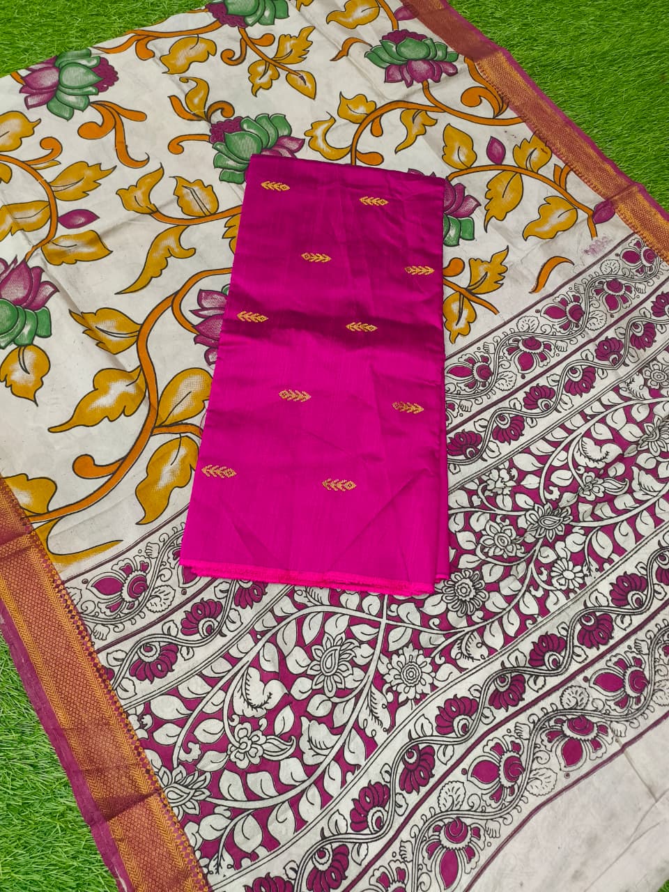 Raw Silk Dress Material Top With Kalamkari Dupatta