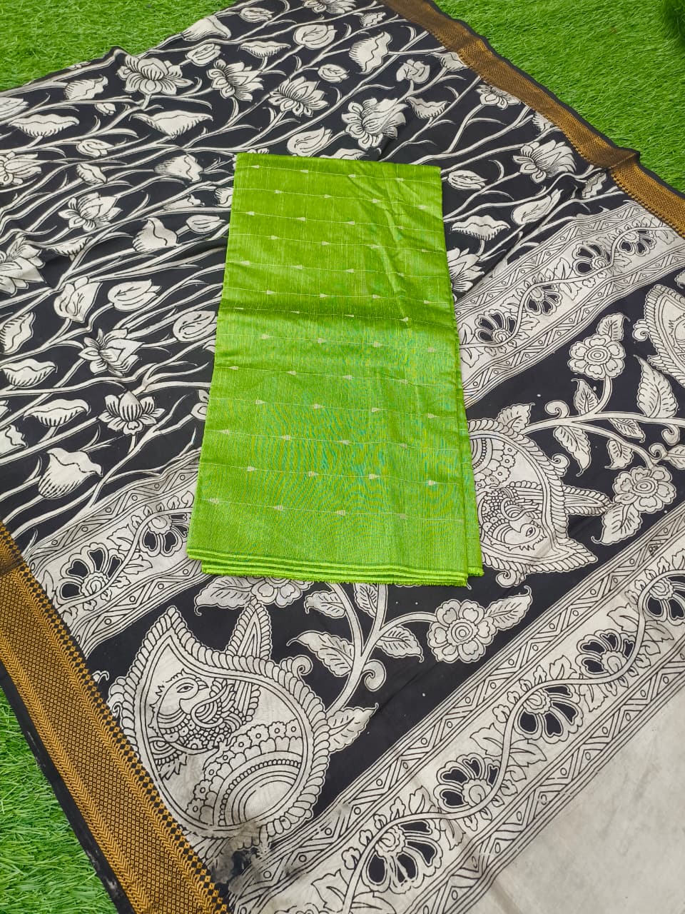 Raw Silk Dress Material Top With Kalamkari Dupatta