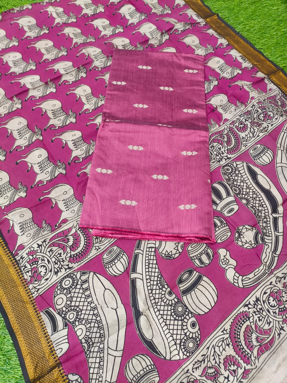 Raw Silk Dress Material Top With Kalamkari Dupatta