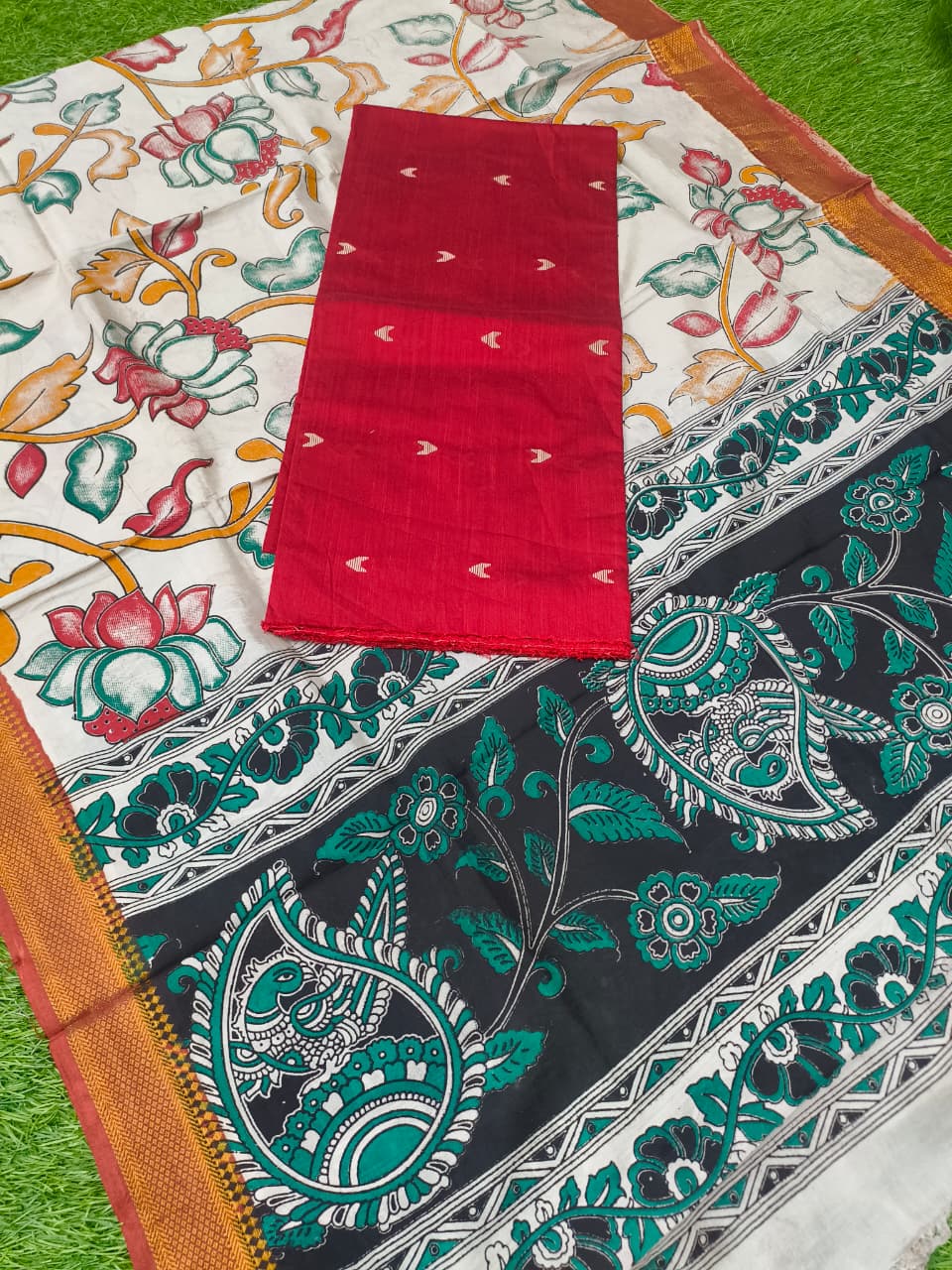 Raw Silk Dress Material Top With Kalamkari Dupatta