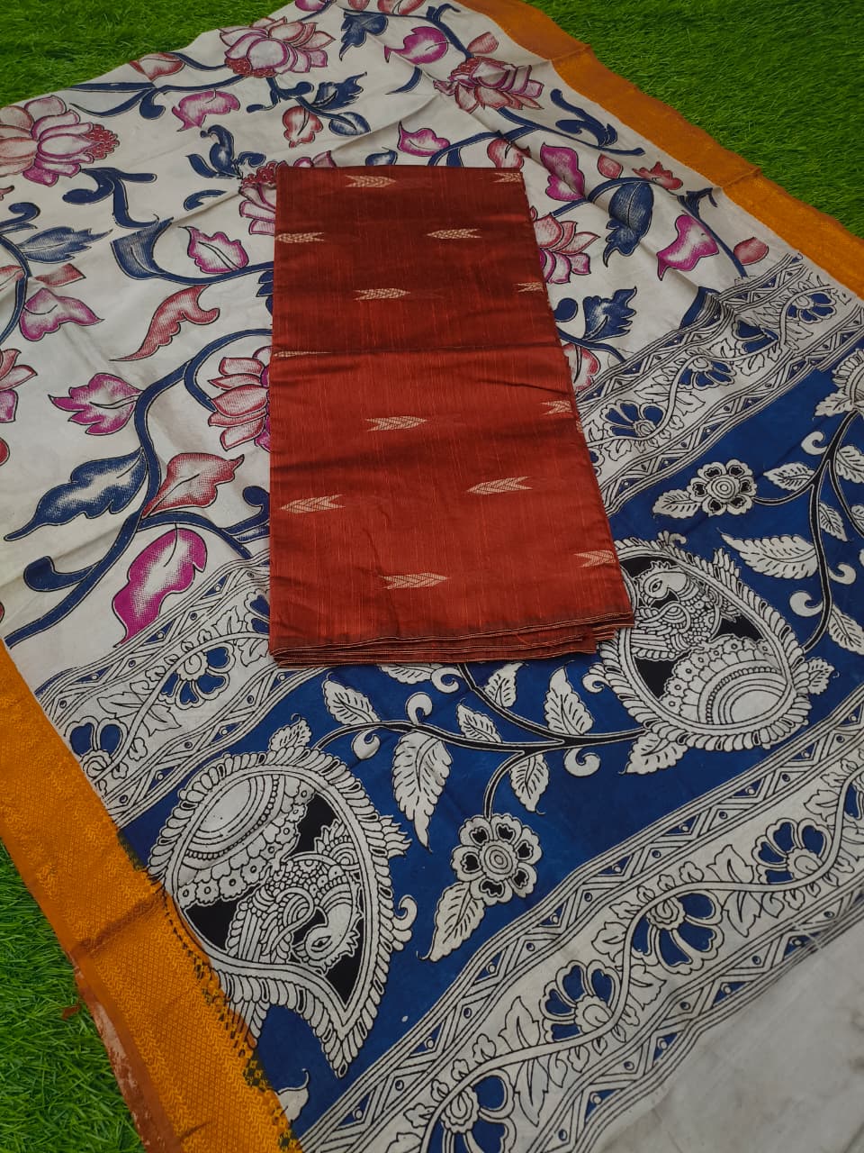 Raw Silk Dress Material Top With Kalamkari Dupatta