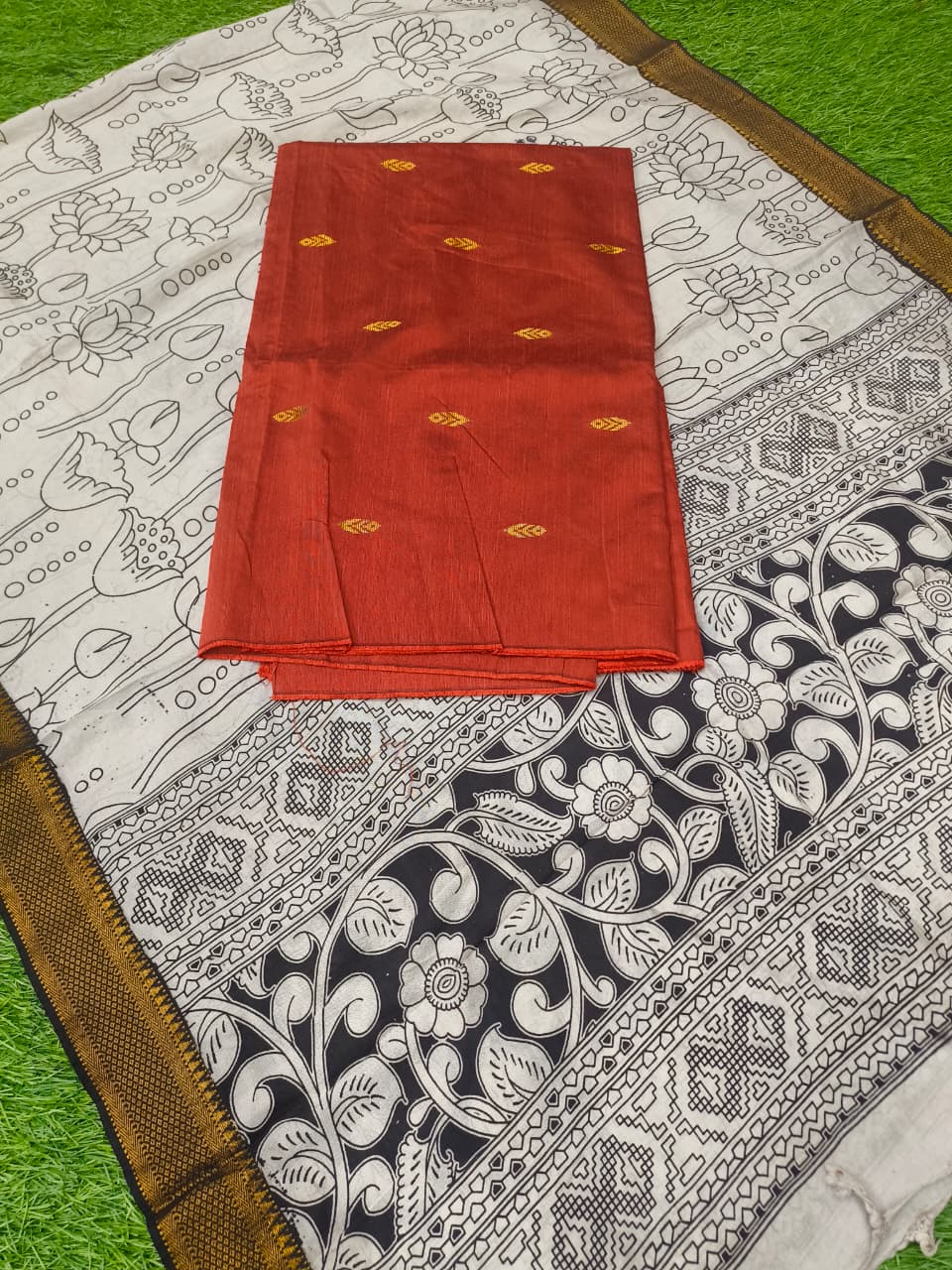 Raw Silk Dress Material Top With Kalamkari Dupatta