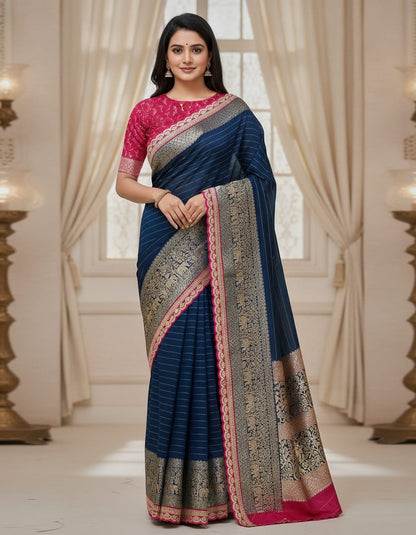 banaras saree with a contrast blouse
