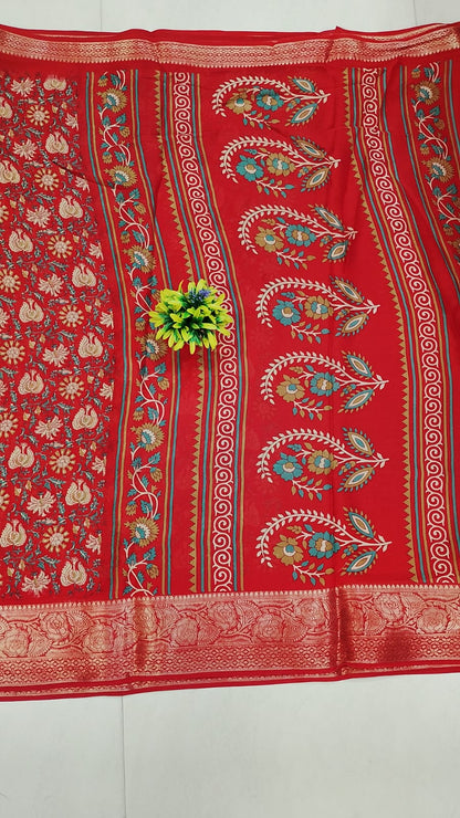 Elegant Red Banarasi printed saree