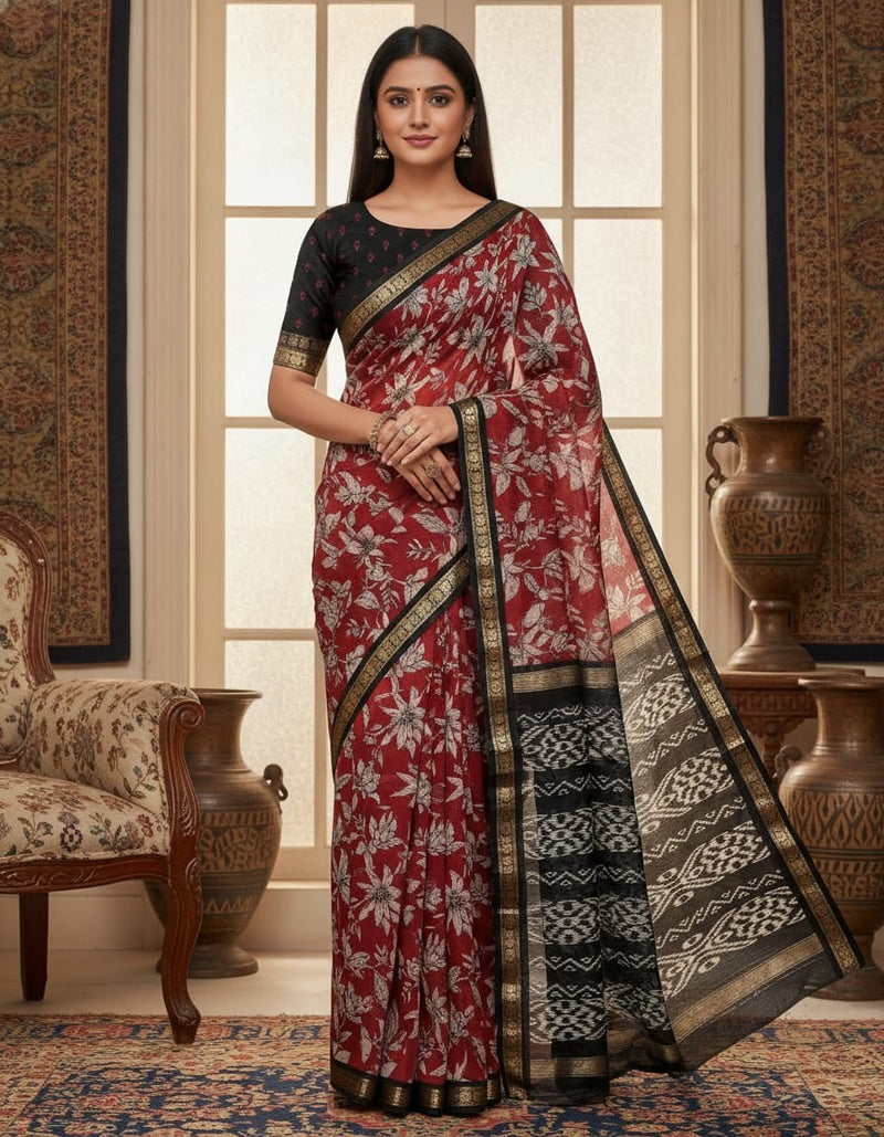 Red Mangala Giri Sarees With Contrast Blouse