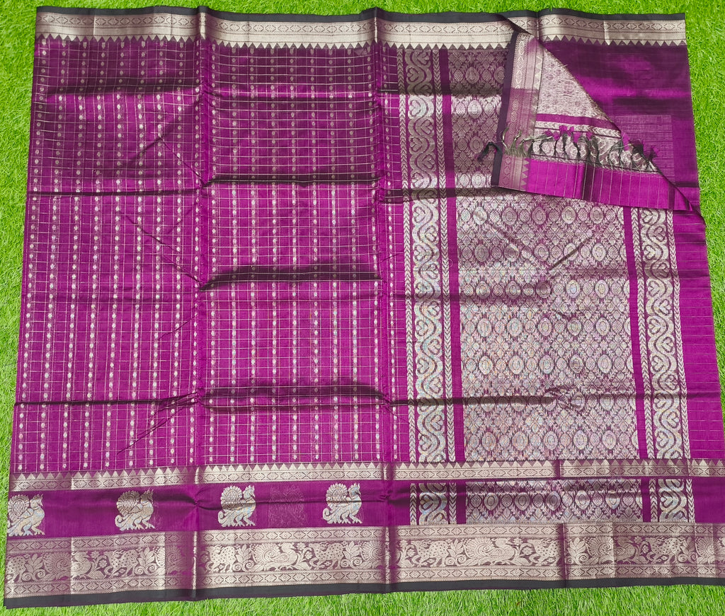 Mangalagiri  Pattu Sarees With Checks And Gap Border Design