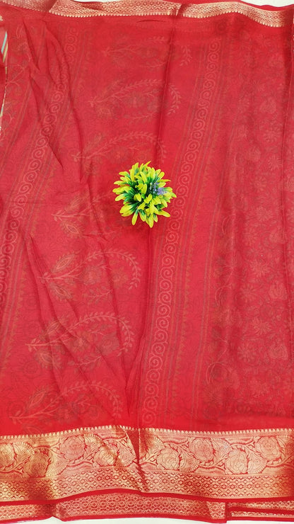 Elegant Red Banarasi printed saree