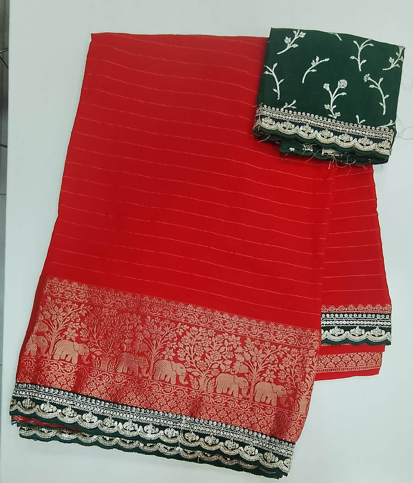 banaras saree with a contrast blouse