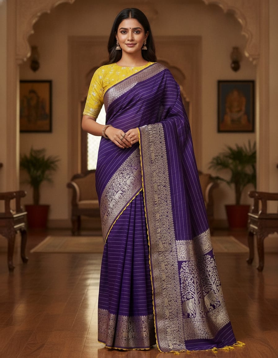 banaras saree with a contrast blouse