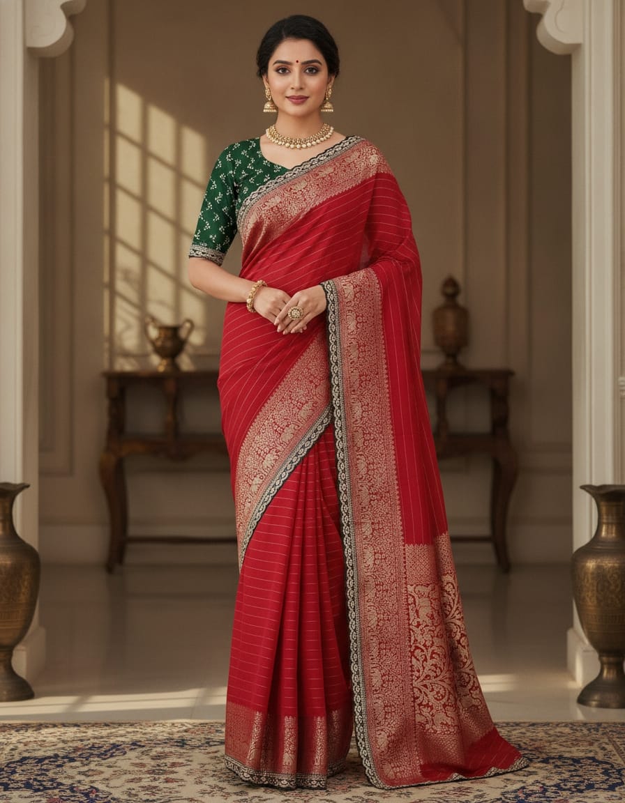 banaras saree with a contrast blouse