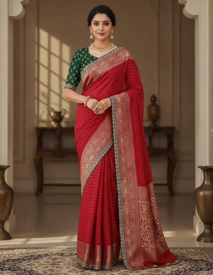 banaras saree with a contrast blouse