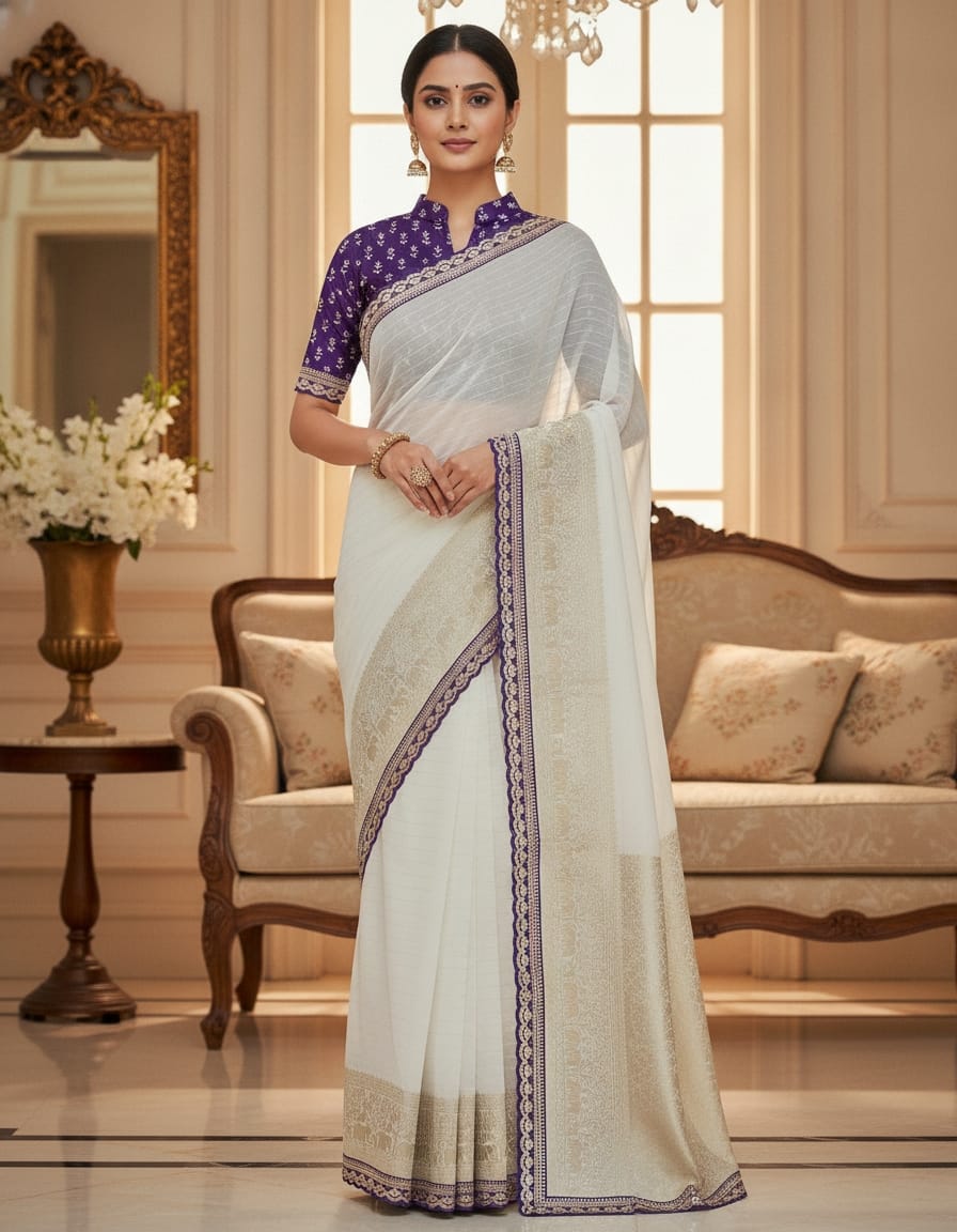 banaras saree with a contrast blouse