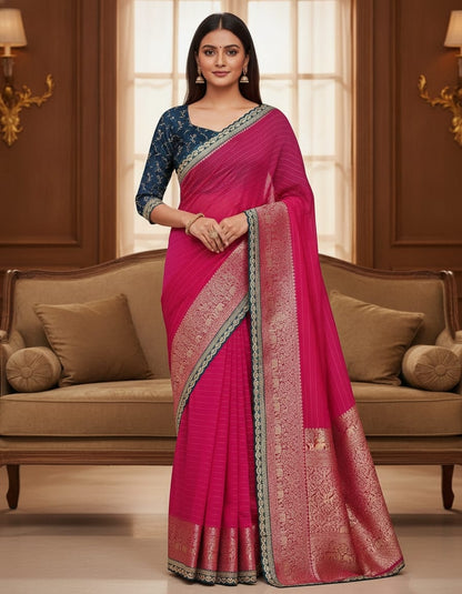 banaras saree with a contrast blouse